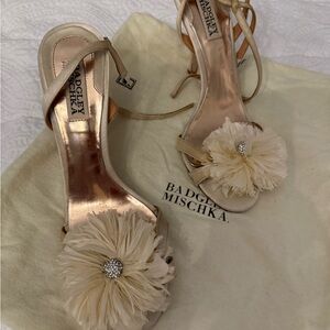Badgley Mischka Gold Heels with Ivory Floral Accent